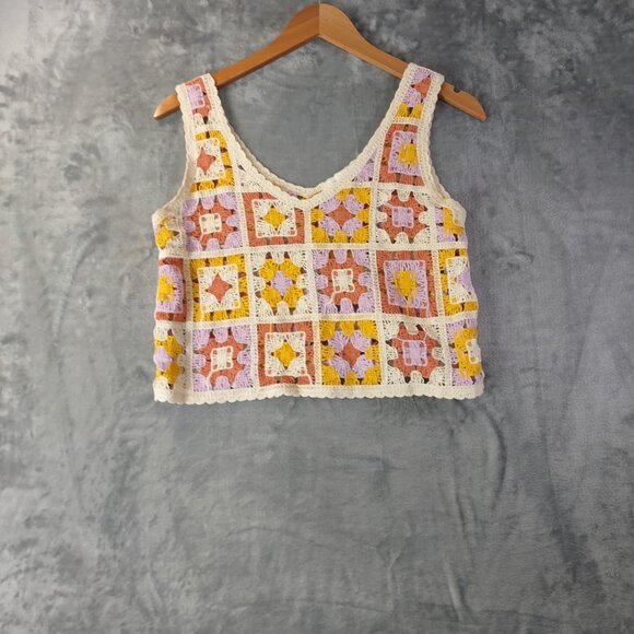 Boho Crochet Granny Square Tank Top Women's Yellow XS Rebellion Signature Knit - Picture 4 of 9